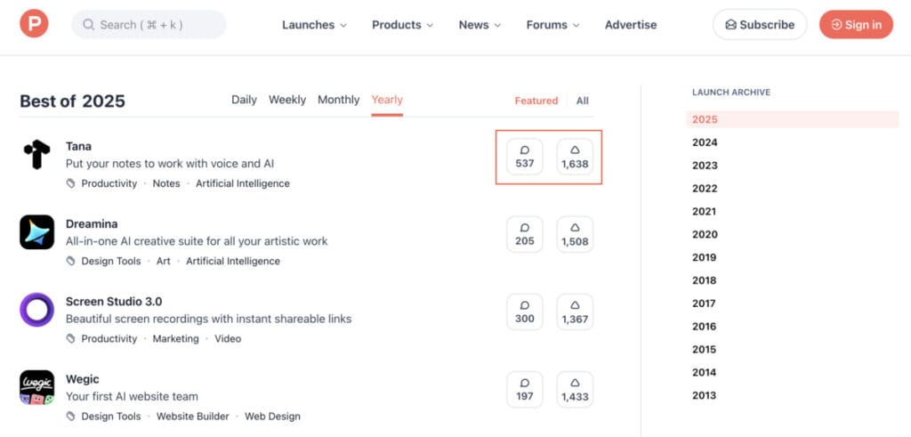 프로덕트 헌트(Product Hunt) 홈